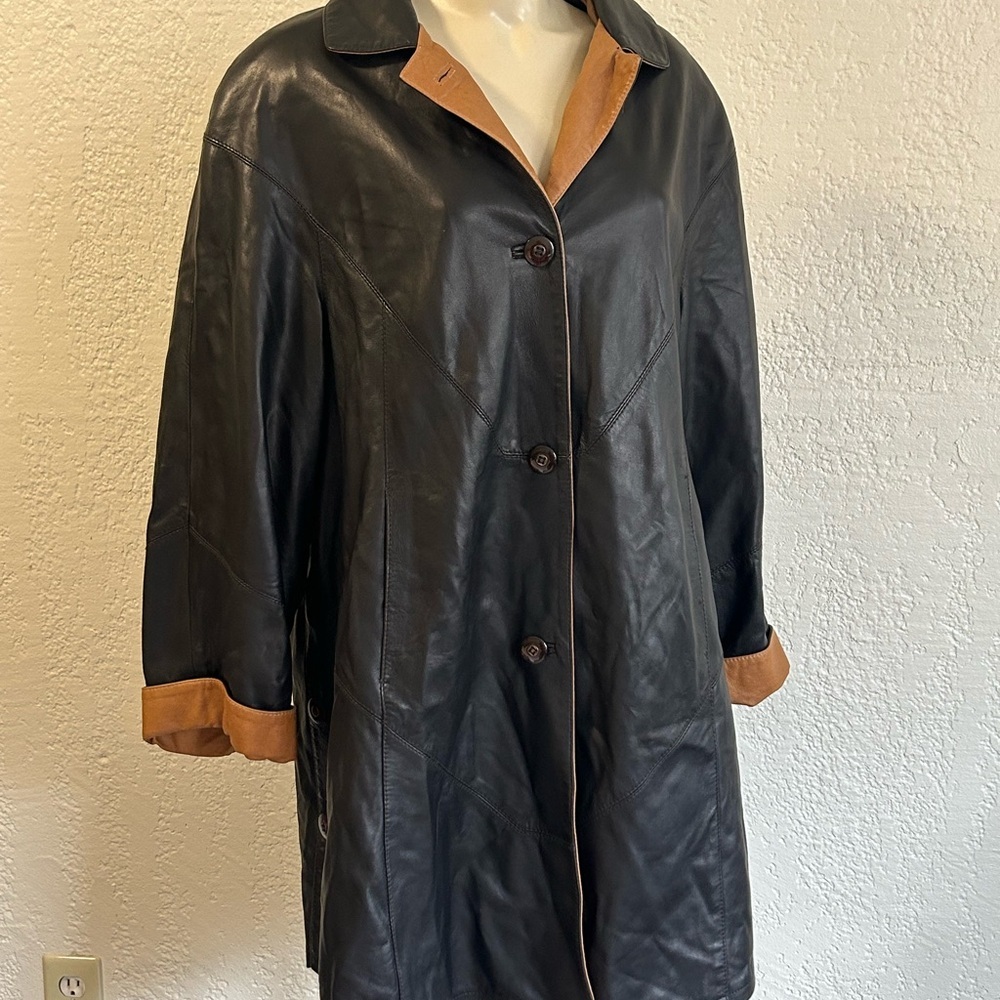 Vintage 100% Leather Vera PELLE thin Coat /Jacket Black Brown Tan Sz 38 ITALY